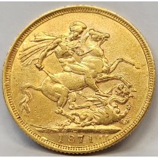 AUSTRALIA 1871 . ONE 1  SOVEREIGN . SYDNEY . GOLD . MINOR BAG MARKS